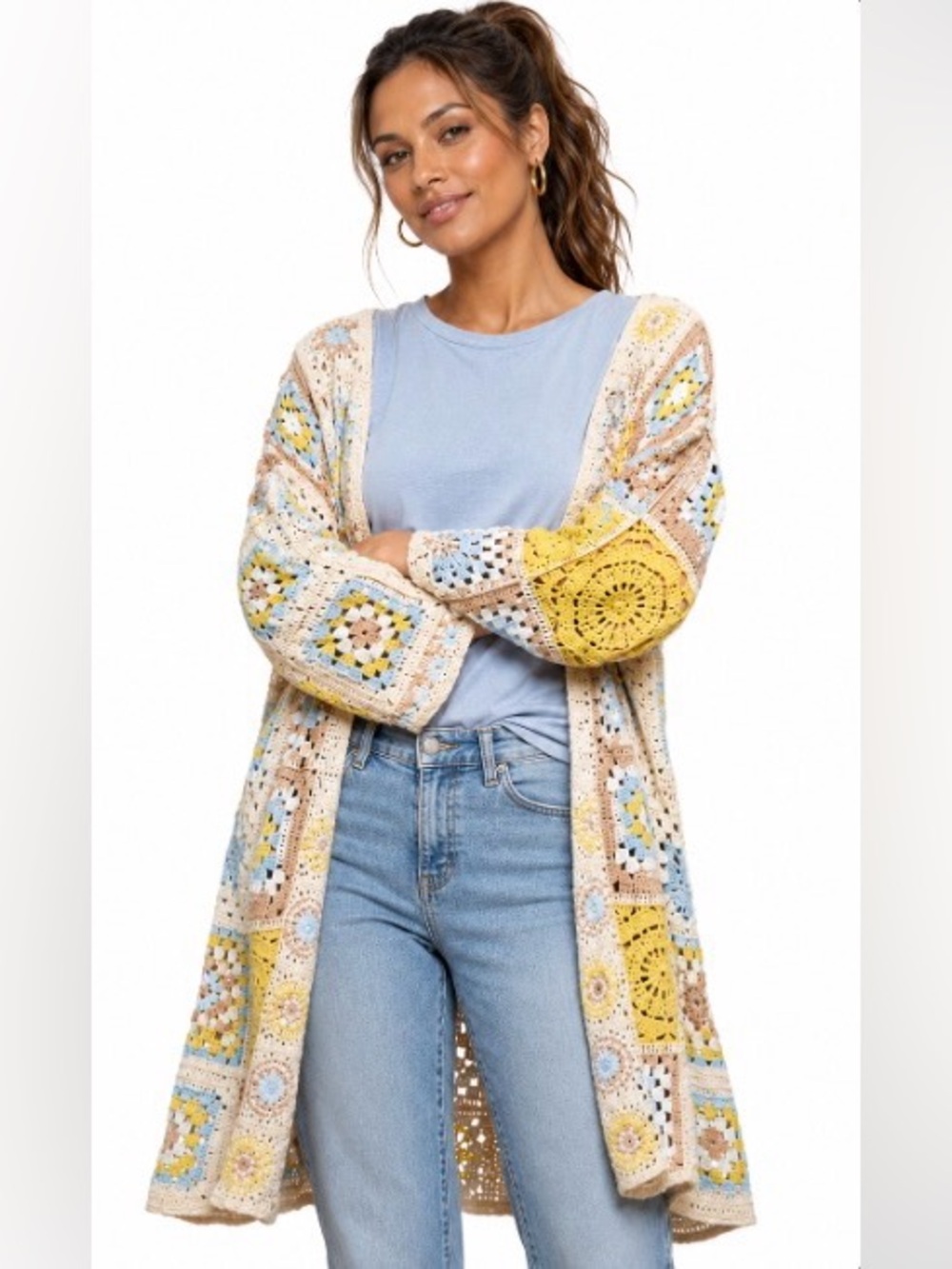 POL Crochet Patchwork Long Cardigan - Blue, Yellow, Cream